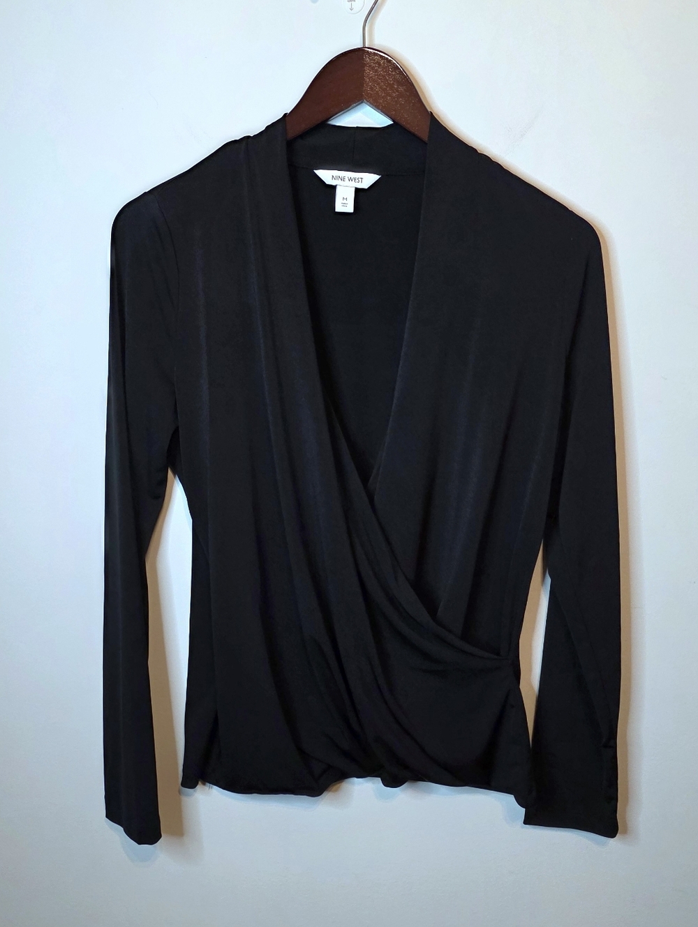 Nine West Black Surplice Wrap Top Long Sleeve Quiet Luxury Office Size Medium